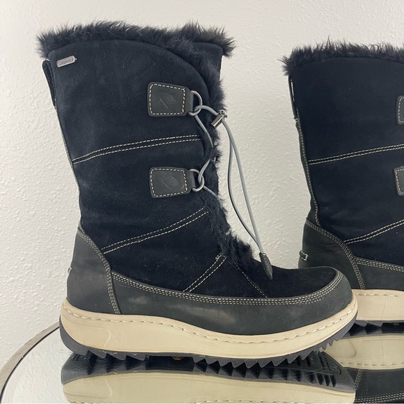 SPERRY Black Suede Faux Fur Powder Valley Vibram Sole Mid Calf Waterproof Boots - Picture 5 of 14